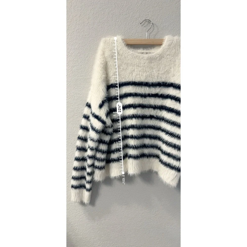La Ligne Target Womens Fuzzy Yarn Striped Crewneck Sweater Blue White Sz L